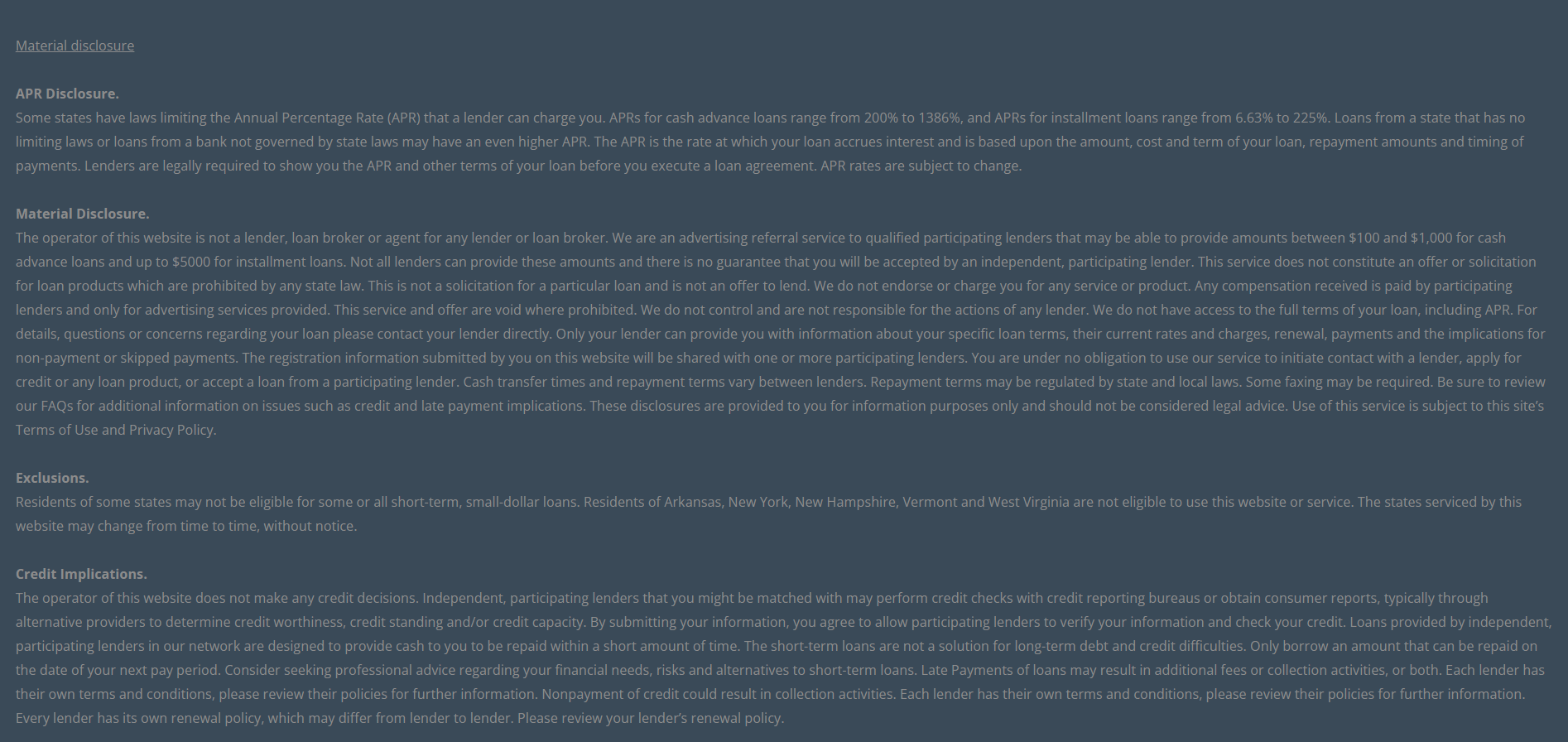 Material disclosure for payday loans in Reno Nevada